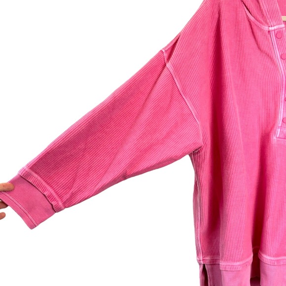 Aerie Pink Snap City Ribbed Henley Hoodie Oversized Pullover Sweatshirt XXL - Picture 3 of 6